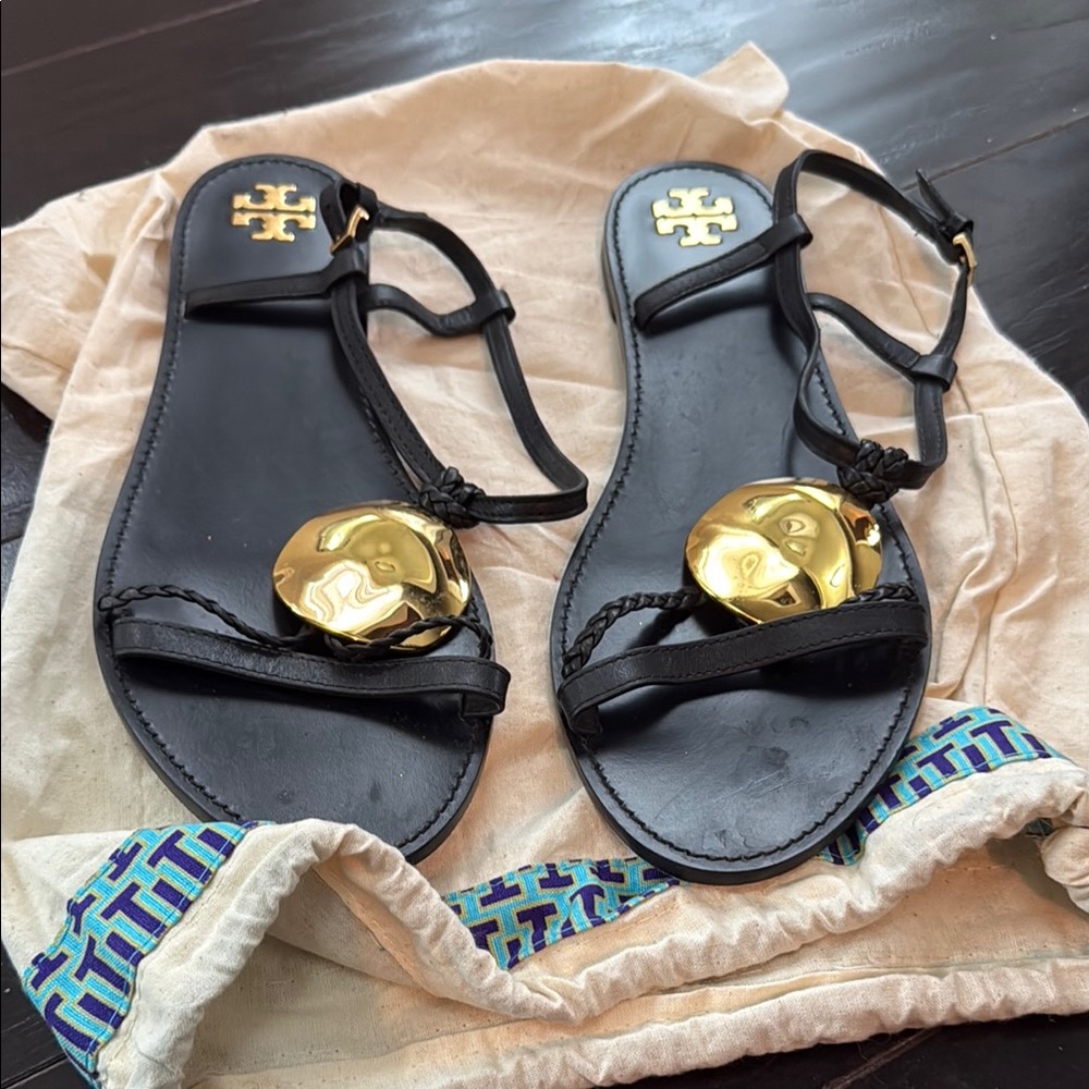 Tory Burch Black Sandals with Gold Accents